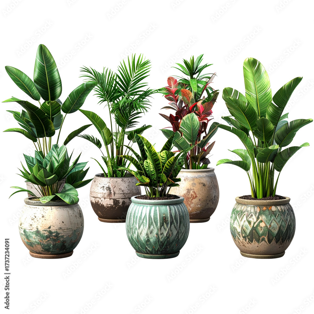 Obraz premium Collection of beautiful plants in ceramic pots isolated on transparent background. 3D render 