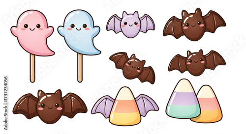 Adorable Kawaii Halloween Sweet Treats Collection Vector Illustration featuring Cute Ghosts Bats Lollipops and Pastel Candy Corn