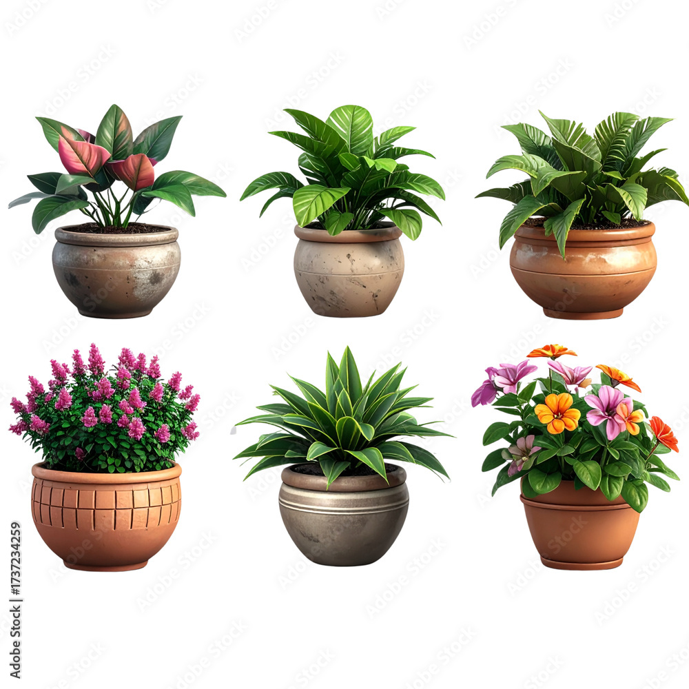 Fototapeta premium Collection of beautiful plants in ceramic pots isolated on transparent background. 3D render 
