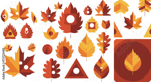 Flat design autumn leaves collection with geometric shapes and warm fall colors. Modern vector illustrations for autumn season.