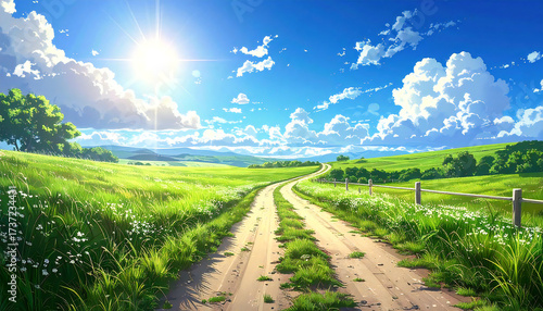 アニメ風景。空。草原。道。Anime scenery. Sky. Grassland. Road.