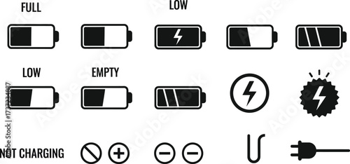Battery Level Icons Set with Charging Indicator in Black and White Silhouette Design
