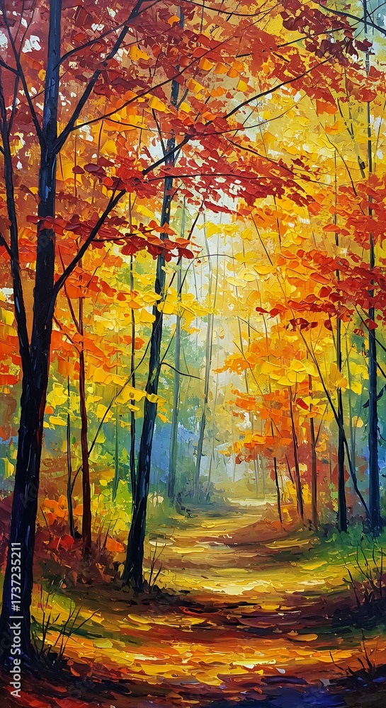 Fototapeta premium A vibrant oil painting captures the essence of an autumn forest path bathed in warm, golden sunlight, with trees adorned in fiery red and yellow foliage.