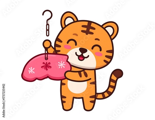 Cute Tiger Holding a Pink Hanger.