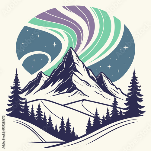 Majestic mountain landscape with aurora borealis