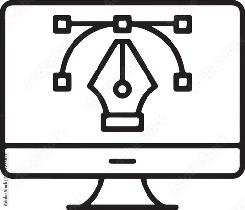 Computer monitor displaying a vector graphic pen tool and bezier curve for digital design