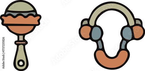 Two baby rattles one classic and one horseshoe shaped.