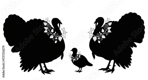 Elegant black silhouette turkey family with festive leaf wreaths. Ideal for Thanksgiving and Christmas holiday season designs.