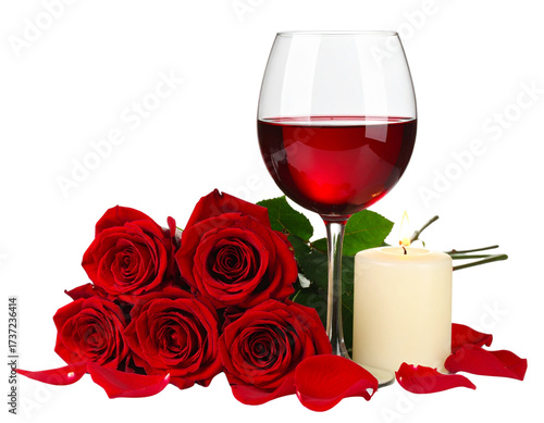 Wine glass with candle and roses