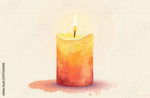Minimalistic drawing of a candle with soft light overflows made by watercolor