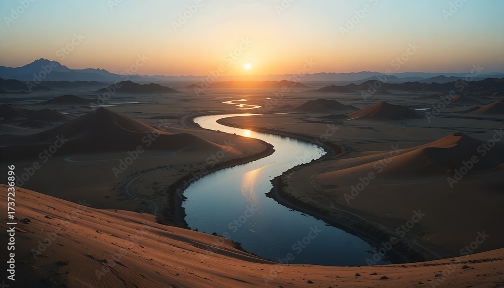 Fototapeta premium Beautiful sunset over the river flowing through the desert landscape