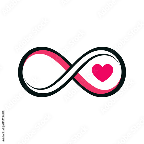 A stylized infinity symbol in black and pink with a vibrant pink heart nestled within its curves representing eternal love and endless devotion on a dark background