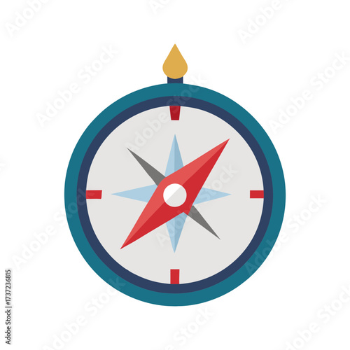 A stylized flat design illustration of a navigational compass with a red needle pointing towards the northeast direction against a black background