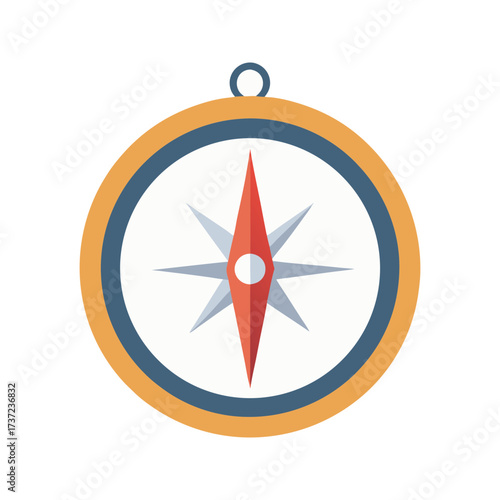 A simple flat design illustration of a navigational compass with a red needle pointing upwards on a white background with a black backdrop