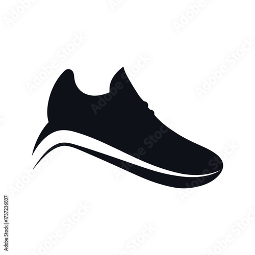 Dynamic dark silhouette of a modern athletic running shoe with curved lines representing speed and motion on a black background