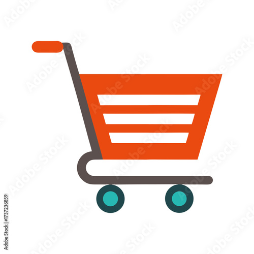 Simple flat design of an orange shopping cart with gray frame and teal wheels isolated on a black background representing online shopping or retail