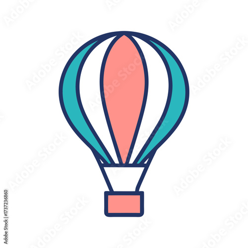 A stylized minimalist vector illustration of a hot air balloon with coral pink and teal blue panels against a solid black background symbolizing adventure and travel