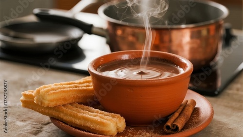 Steaming hot chocolate in a clay bowl served with churros and cinnamon sticks on a kitchen countertop