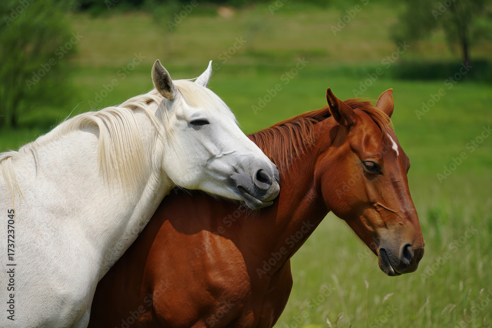 Obraz premium Two horses, one white and one chestnut, stand close together in a grassy field, showing a gentle bond and companionship