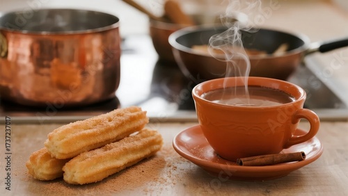 Steaming cup of hot chocolate with churros on a kitchen counter, accompanied by cinnamon sticks and copper cookware in the background.