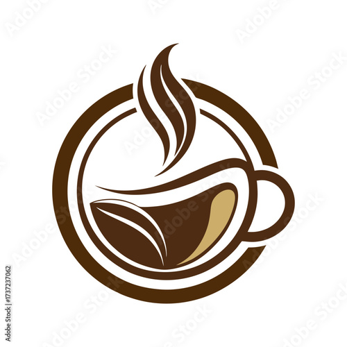 Stylized coffee cup logo design featuring swirling steam and a coffee bean motif within a circular frame on a black background
