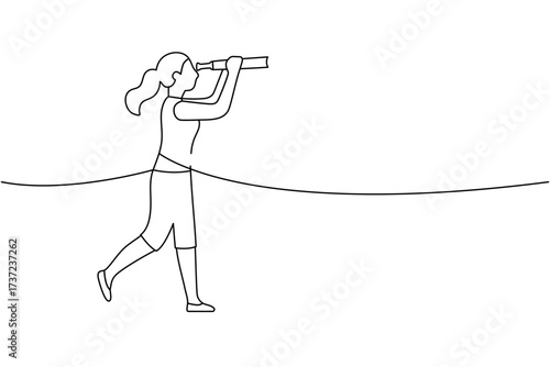 Minimalist outline of a woman kneeling with binoculars, observing ahead. Clean contour illustration for discovery and focus themes