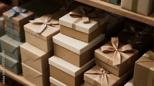 Stacked gift boxes with ribbons on wooden shelves