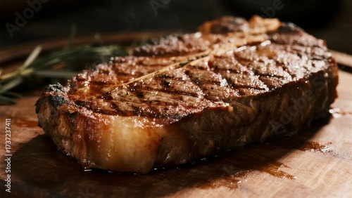 Grilled steak with rosemary on a wooden cutting board