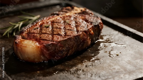 Grilled steak with rosemary on a metal tray