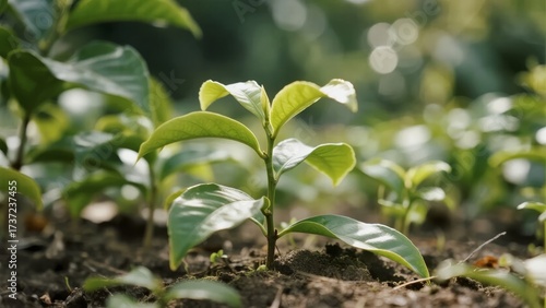 Young green plant growing in soil with surrounding foliage in a natural outdoor setting