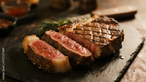 Grilled steak with seared exterior and medium-rare interior, sliced on a slate board with herbs and sauce in background