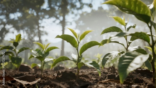 Young tea plants growing in a forested area with morning mist and sunlight filtering through trees