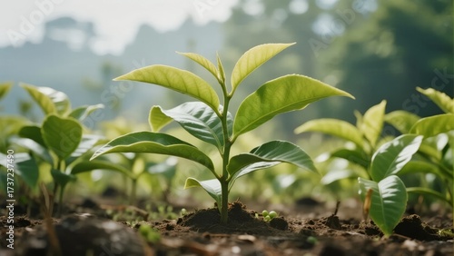 Young green plants growing in soil with a blurred natural background