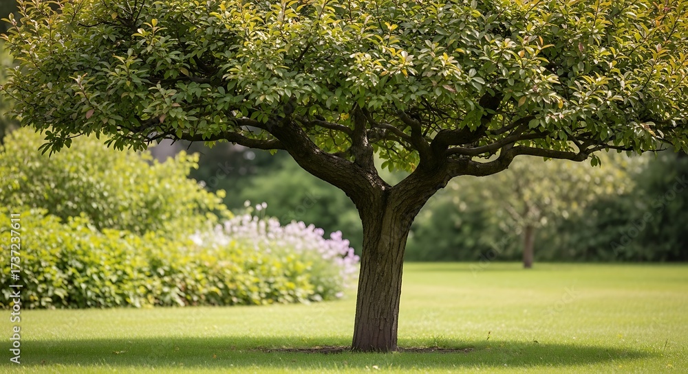 Naklejka premium Lush Green Tree in a Serene Garden Setting.