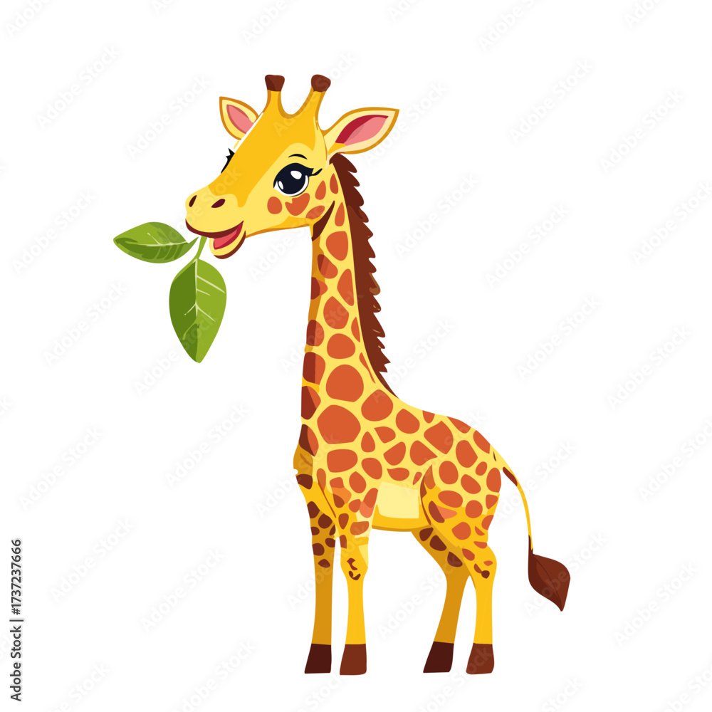 Naklejka premium Cute Cartoon Giraffe Eating Leaves