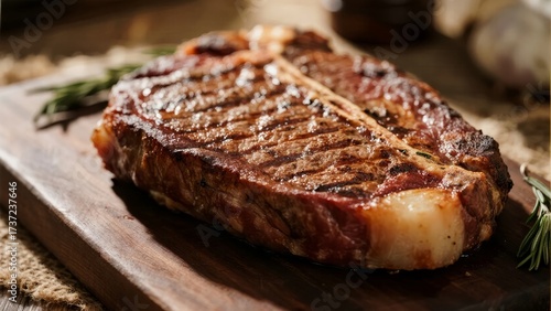 Grilled ribeye steak with char marks on a wooden cutting board, garnished with rosemary
