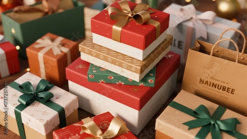 Stacked gift boxes wrapped in festive paper with ribbons and bows, arranged on a table with shopping bags nearby.