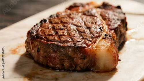 Grilled steak with charred grill marks on a white plate