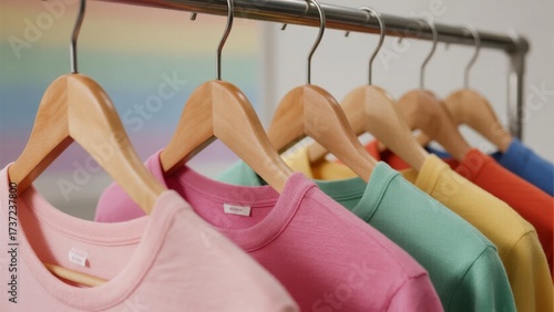 Colorful t-shirts hanging on wooden hangers in a row