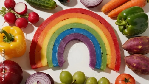 Colorful rainbow made from sliced vegetables surrounded by fresh produce on a white surface