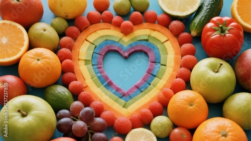 Colorful heart-shaped fruit arrangement with rainbow layers of sliced fruits and whole produce surrounding it