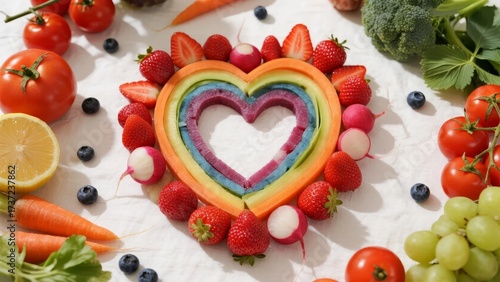 Heart-shaped vegetable and fruit arrangement with rainbow-colored layers surrounded by fresh produce