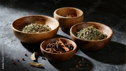 Wooden bowls containing dried herbs and spices on a dark surface