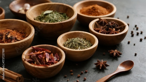 Wooden bowls filled with various dried spices and herbs arranged on a dark surface