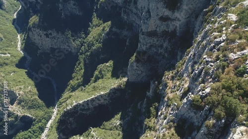 Drone footage of Vikos Gorge in Epirus, Greece, showing steep cliffs, lush greenery, and dramatic mountain landscape. Perfect for travel, nature, and documentary projects.