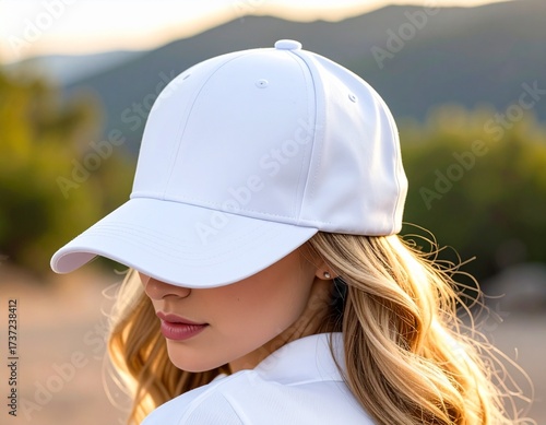 A young woman with blonde hair wearing a plain white baseball cap in an outdoor setting with blurred hills in the background