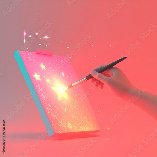 Digital brush painting stars on a luminous canvas floating in empty space. Red tones, 3d drawing style