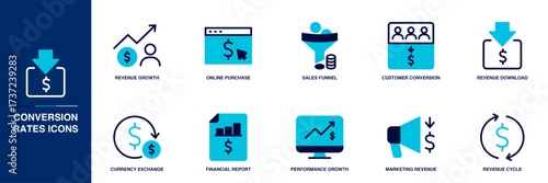 Conversion Rates Blue Colored Outline Icon Set