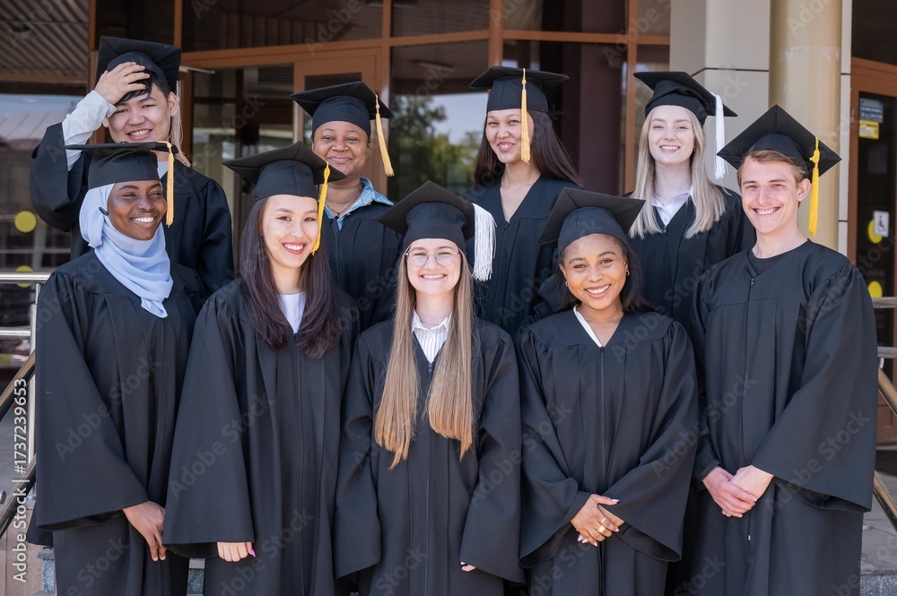 Obraz premium Multinational students in graduation gowns. 