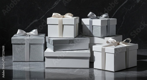 Elegant Silver and White Wrapped Presents Stacked, Generative AI